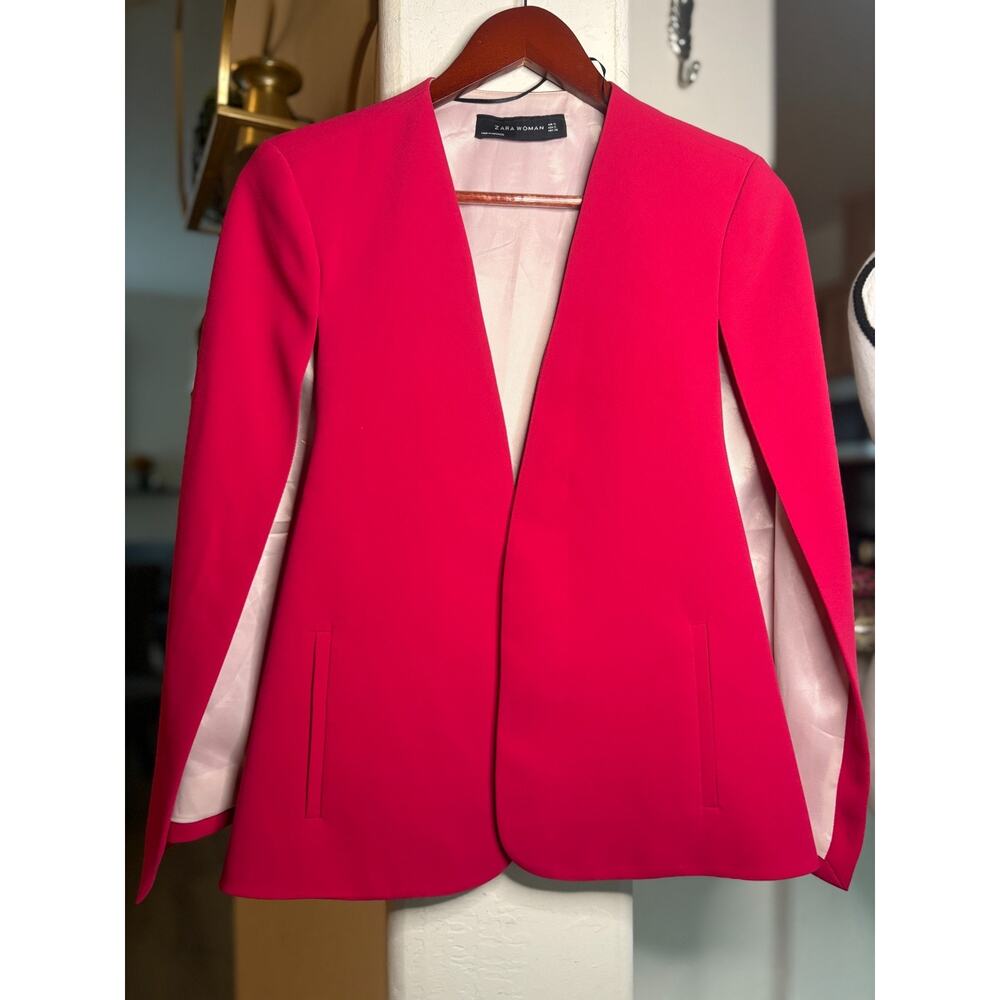 ZARA Woman Cape Blazer Jacket Fuchsia Pink Open Front Slit Sleeve Small 2-8 - Picture 3 of 5